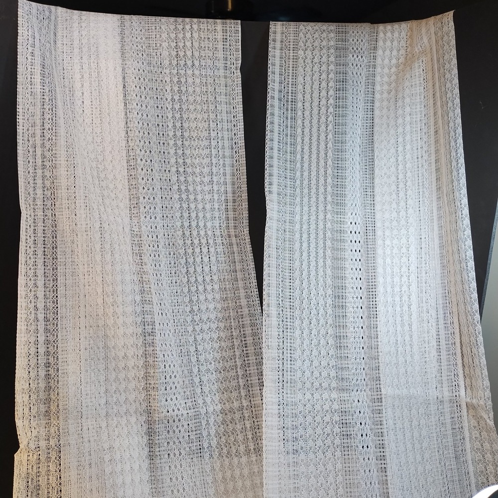 VTG Pair White Semi-Sheer Lace Open Weave Stripe Curtain Panels Rod Pocket 40x84